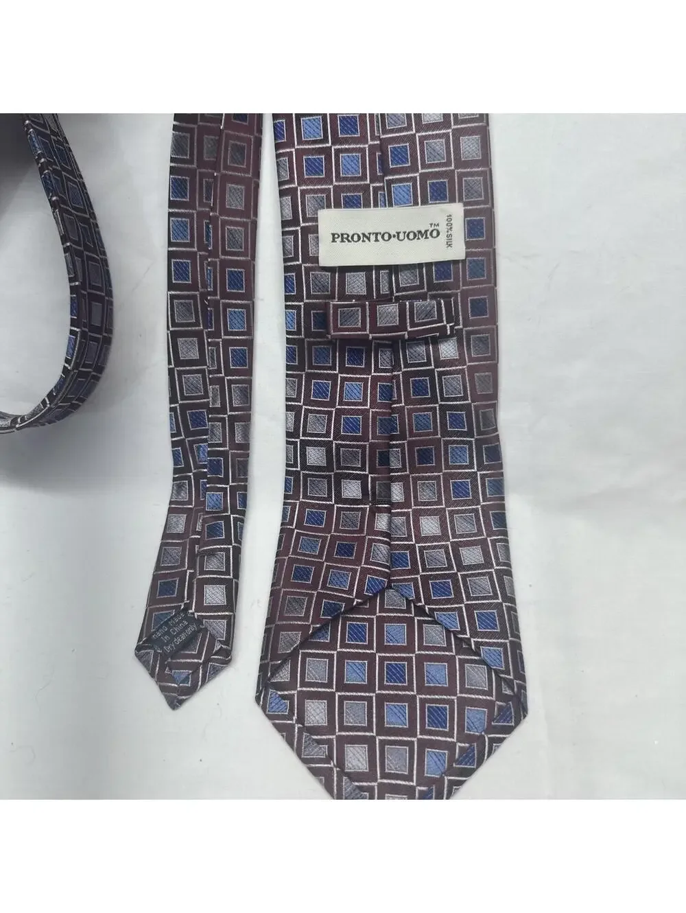 Pronto Uomo Necktie Mens OS Burgundy Blue Silver Geometric Square Silk Hand Made